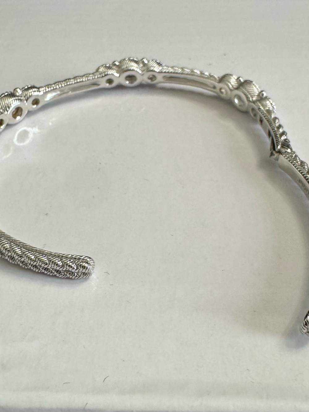 Judith Ripka 925 Silver Textured Bangle w/ Stations 3  Round Diamonique Crystals - Picture 8 of 9